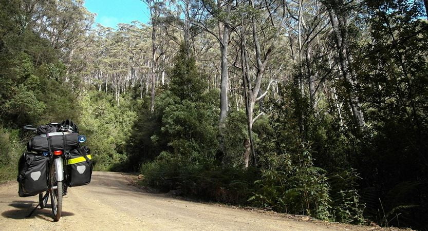 Bicycle on a gravel mountain road in Tasmania