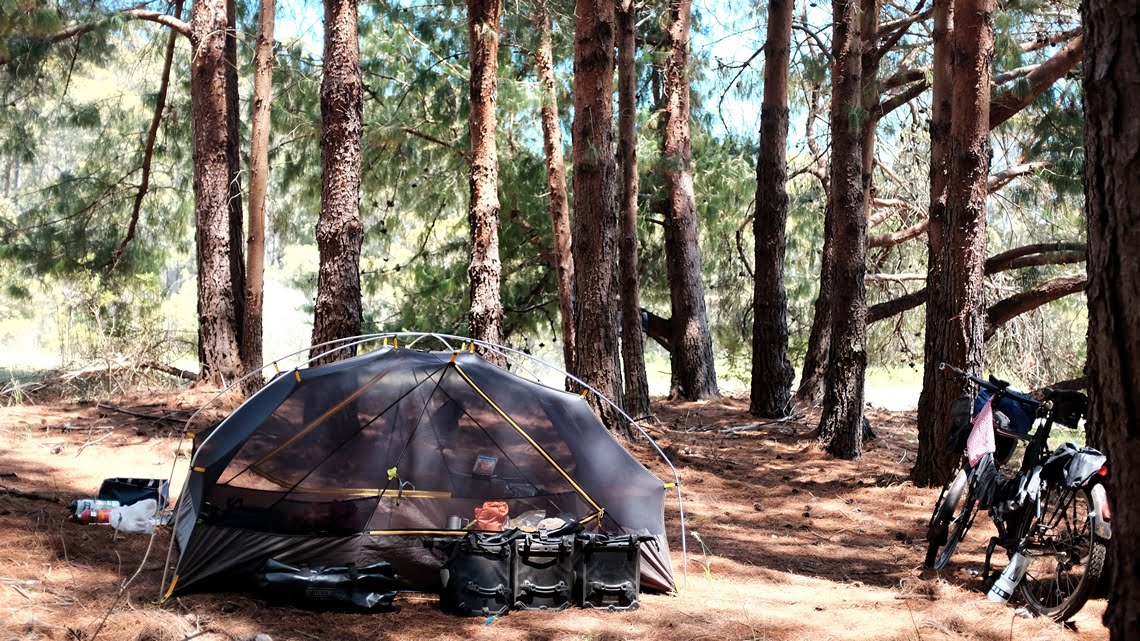 Nemo Galaxi tent in woods with bicycle